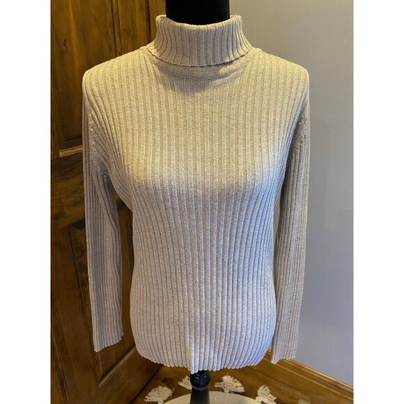 Basic Edition Cream with Gold Threads Holiday Turtleneck Size Large Sweater - Picture 1 of 8